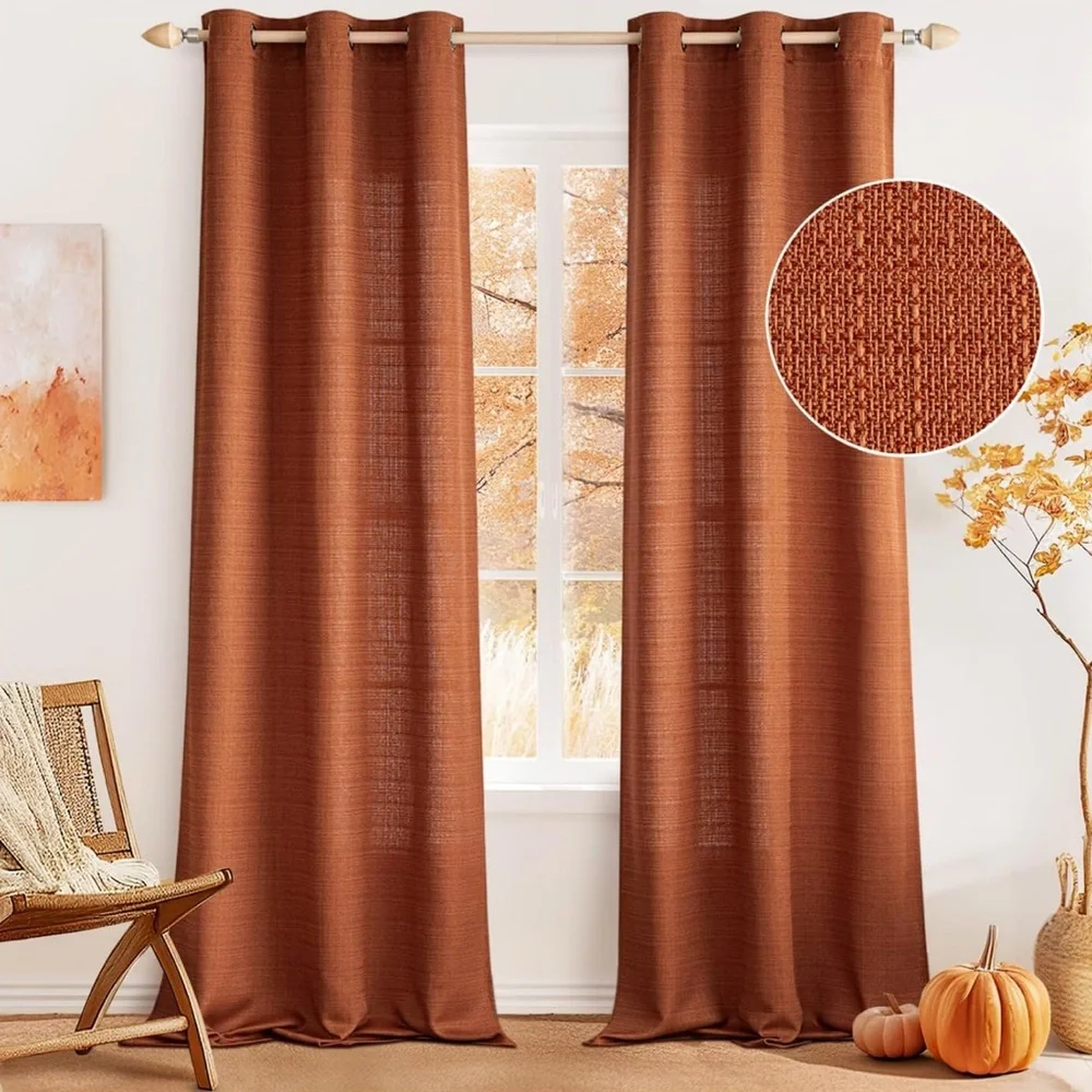 Burnt Orange Faux Linen Curtains 2 Panels Semi Sheer Light Filtering, W37xL84